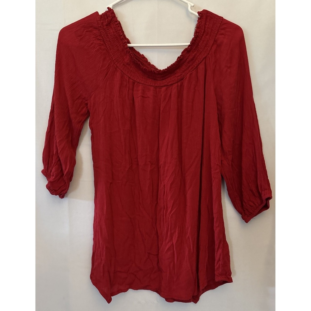 No‎ Bo Women's Red 3/4 Sleeve Elastic Smocked Neck OTS Gauze Blouse 7-9 Peasant